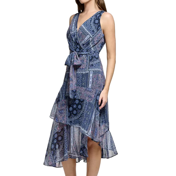 Tommy Hilfiger Dresses & Skirts - Tommy Hilfiger Womens 12 Patchwork Print Midi Dress Blue Tie Waist